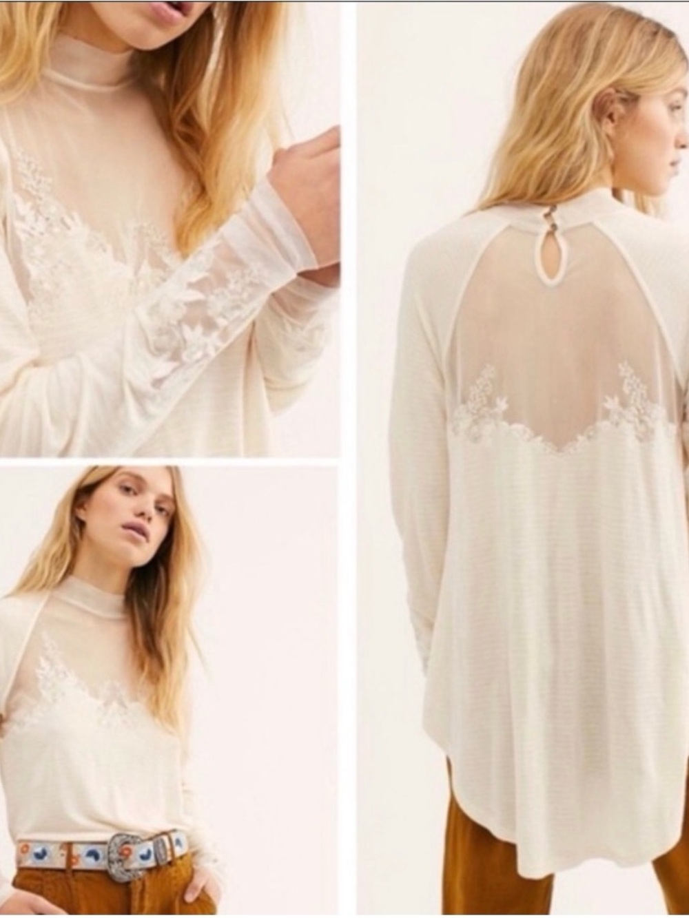 Free People Saheli Embroidered Mesh Tunic Top in Ecru Women’s Size S NWT